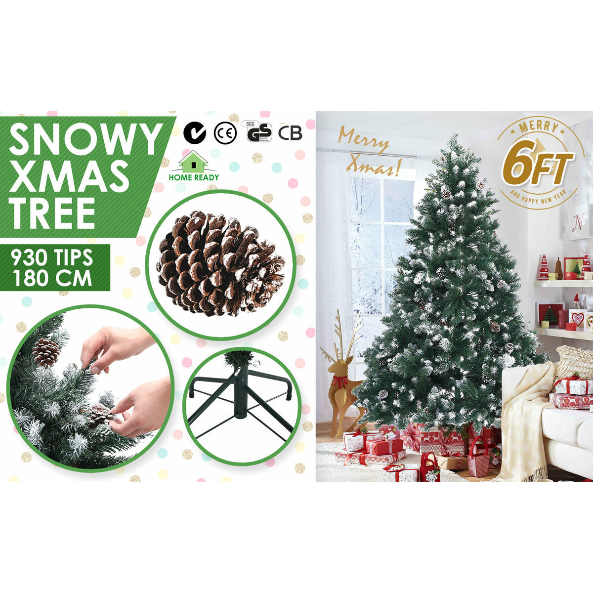 Home Ready 6Ft 180cm 930 tips Green Snowy Christmas Tree Xmas Pine Cones