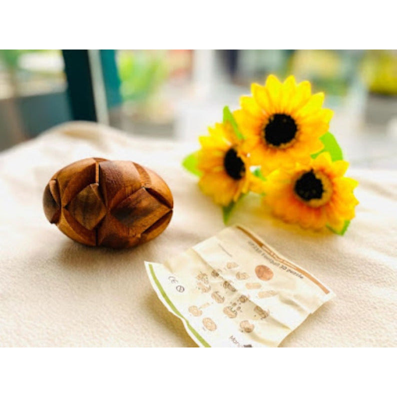 Brain teaser puzzle 3D hand made - Football round natural wood for kids or adults