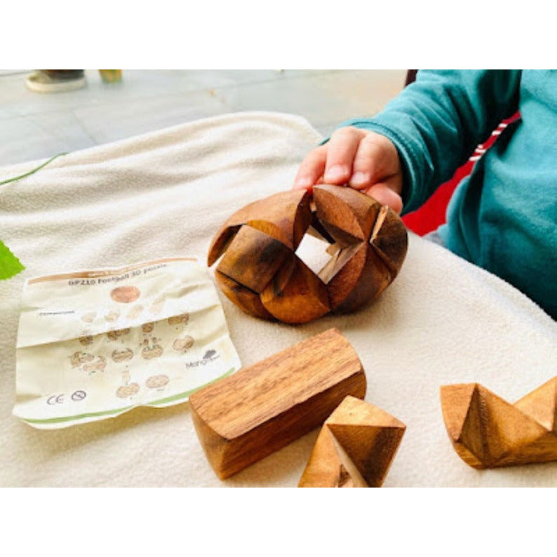 Brain teaser puzzle 3D hand made - Football round natural wood for kids or adults