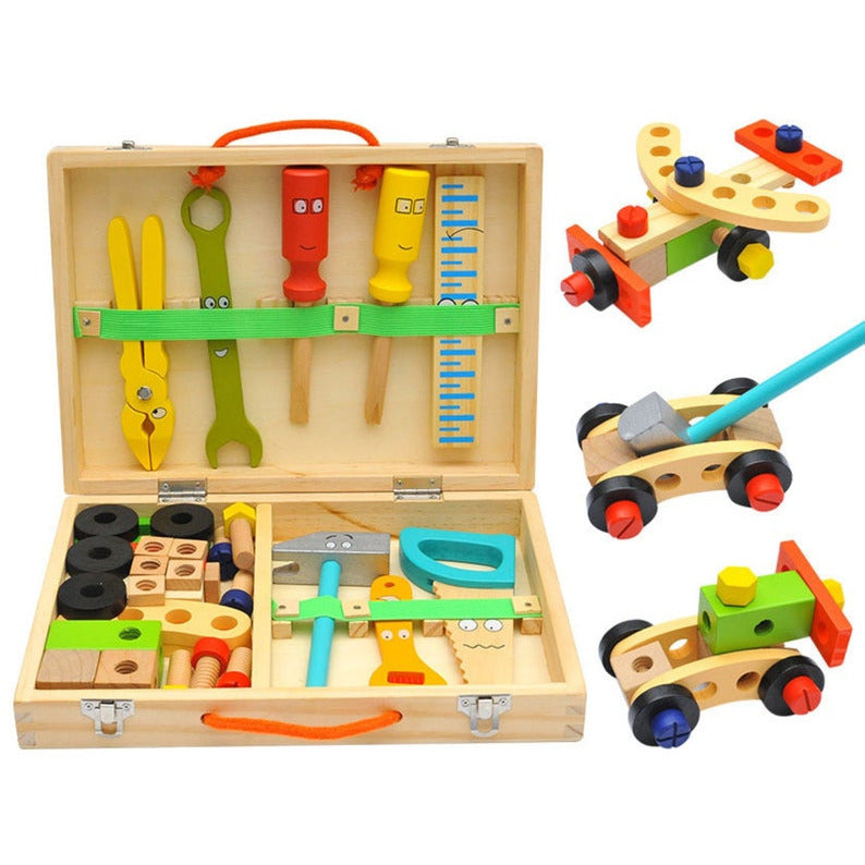 Children's pretend play build fix wood Toolbox Toy, Carpenter Traddie Set For toddlers and kids