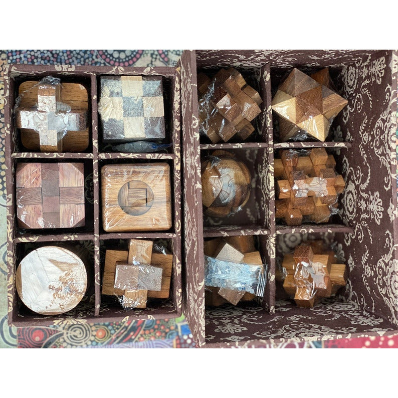 12 Puzzle Brain teaser interlocking wooden Puzzle set in a Deluxe Gift Box -for kids or adults