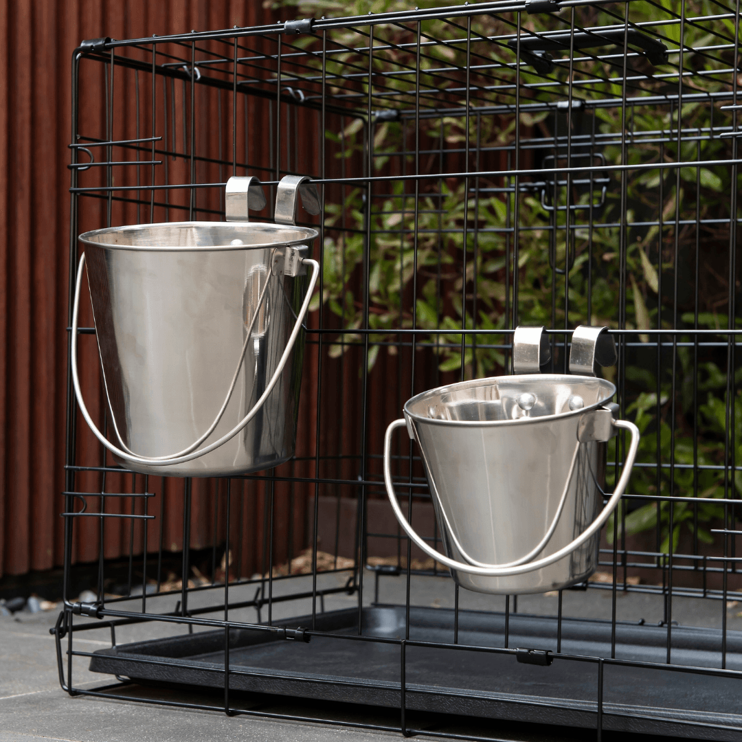 2 x 1.9L Stainless Steel Pet Parrot Feeder Dog Cat Bowl Water Bowls Flat Sided Bucket with Riveted Hooks