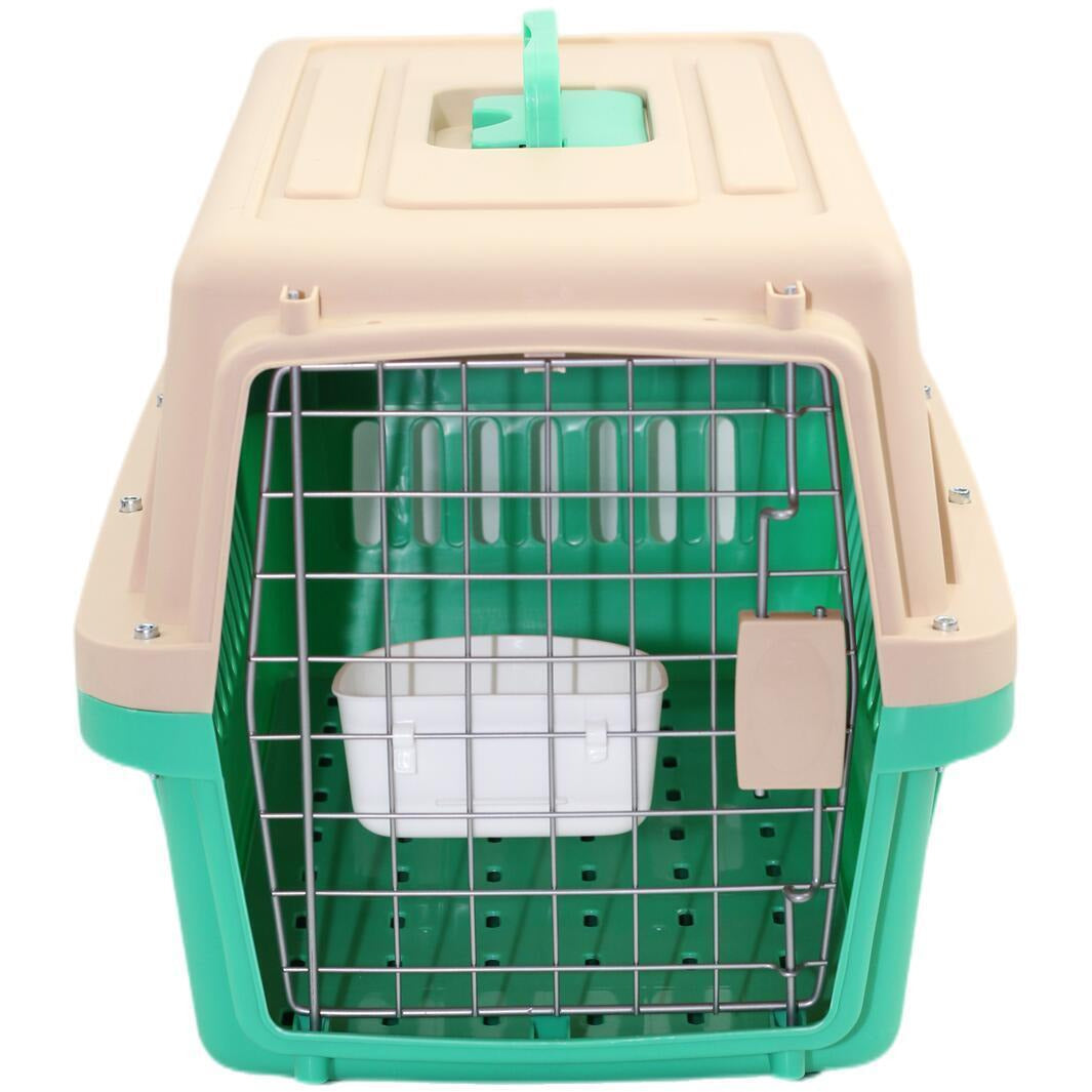 Small Dog Cat Crate Pet Airline Carrier Cage With Bowl and Tray-Green