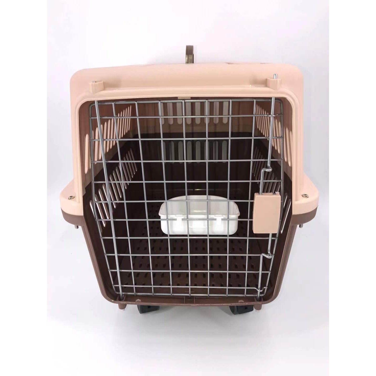 Brown Large Dog Puppy Cat Crate Pet Carrier Cage With Tray, Bowl & Wheel