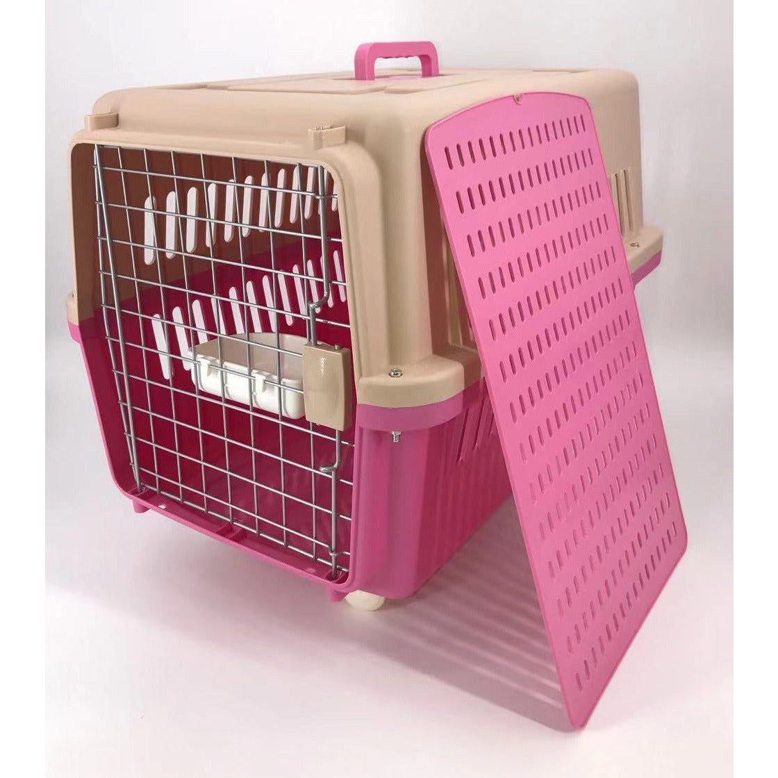 Pink Large Dog Puppy Cat Crate Pet Carrier Cage W Tray, Bowl &amp; Removable Wheels