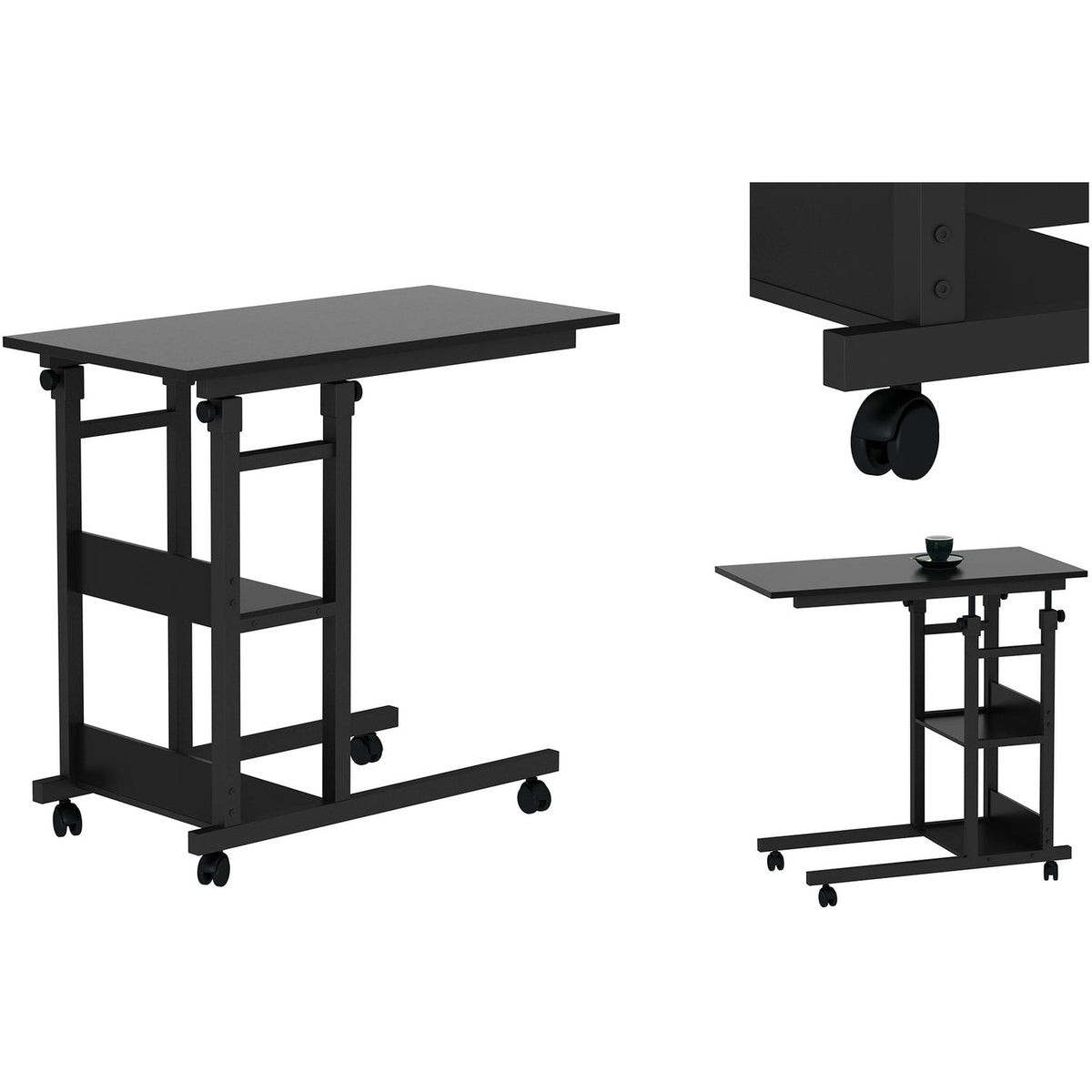 Side Table with Storage Shelves, Height Adjustable Sofa Couch Coffee End Table Bedside Table Laptop Desk with Wheels