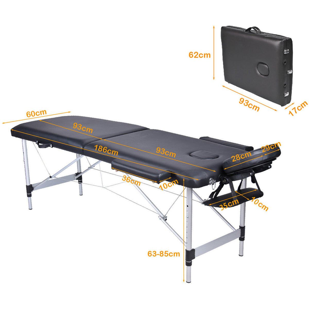 2 Fold Portable Aluminium Massage Table Massage Bed Beauty Therapy Black
