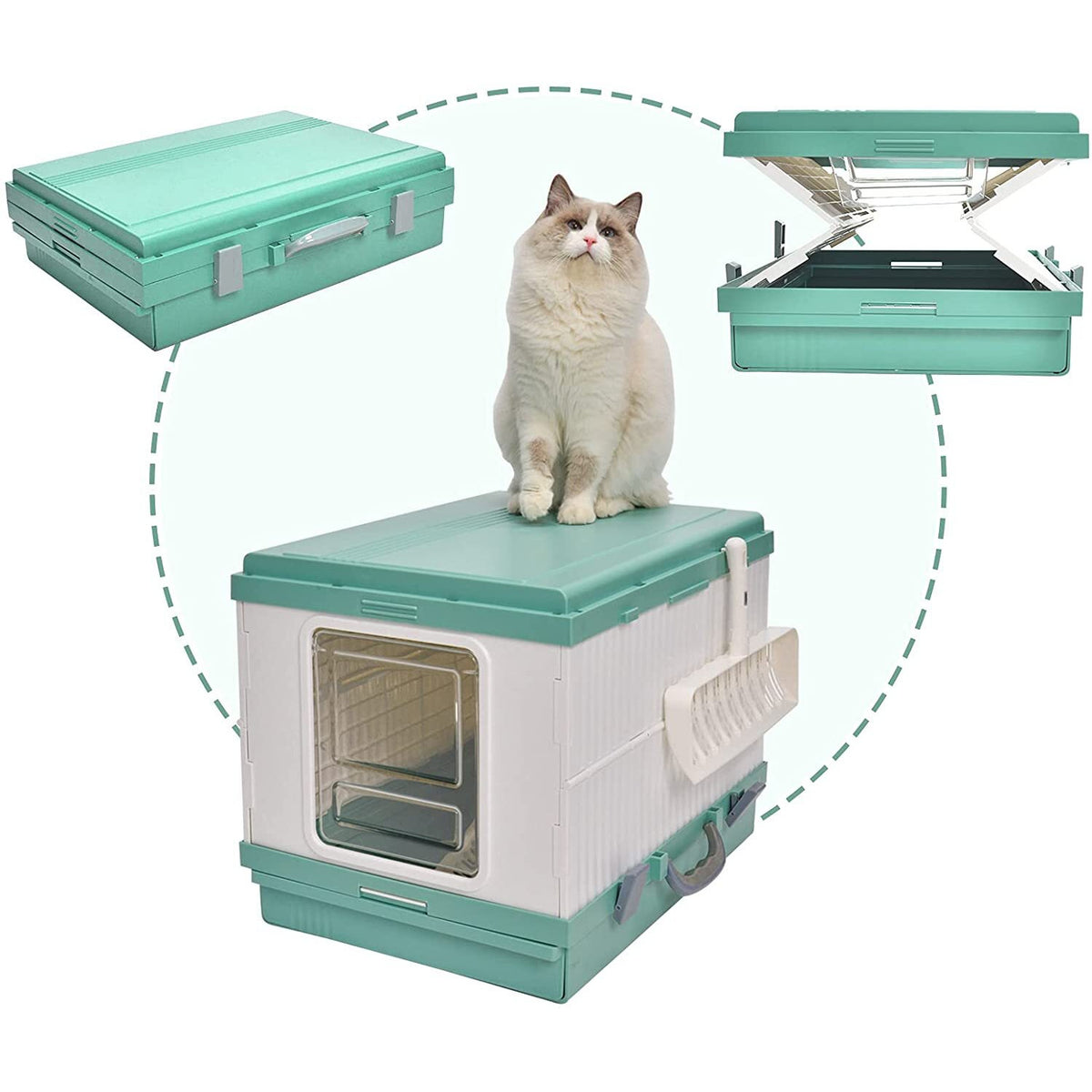XL Portable Cat Toilet Litter Box Tray Foldable House with Handle and Scoop Green
