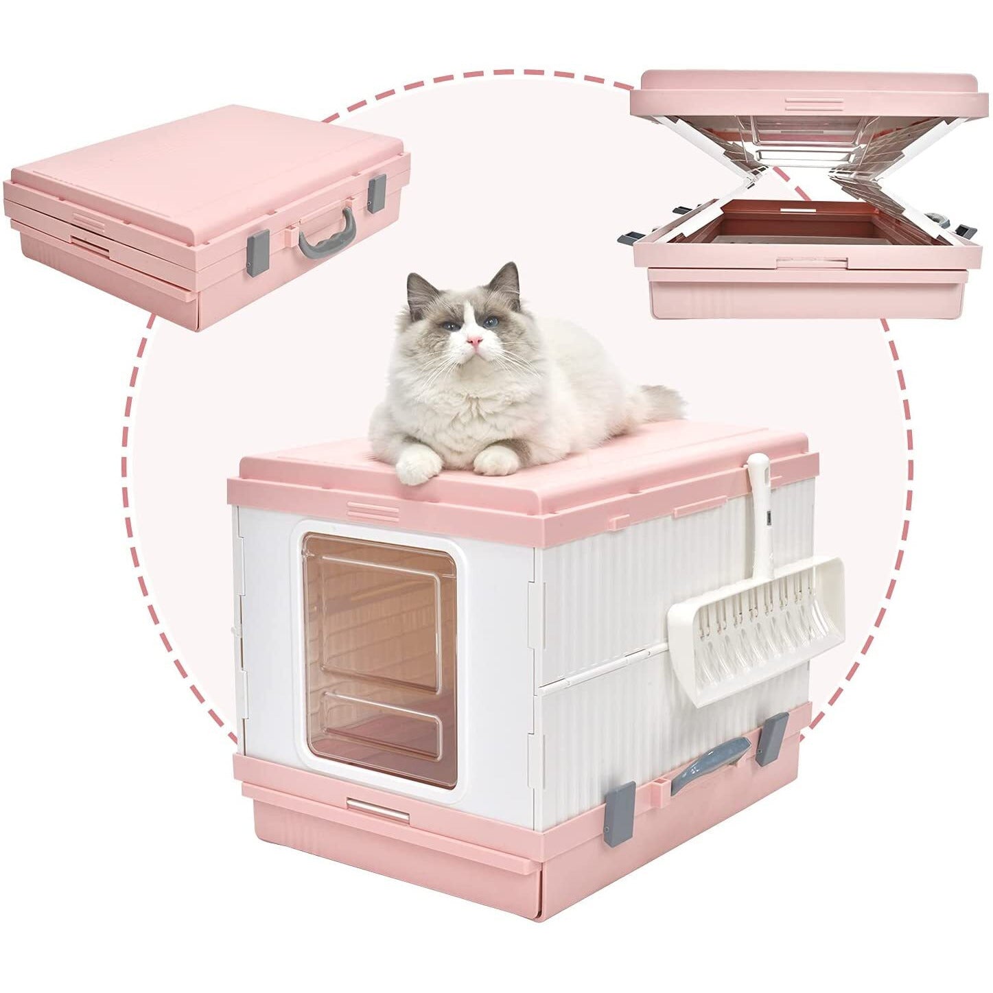 XL Portable Cat Toilet Litter Box Tray Foldable House with Handle and Scoop Pink