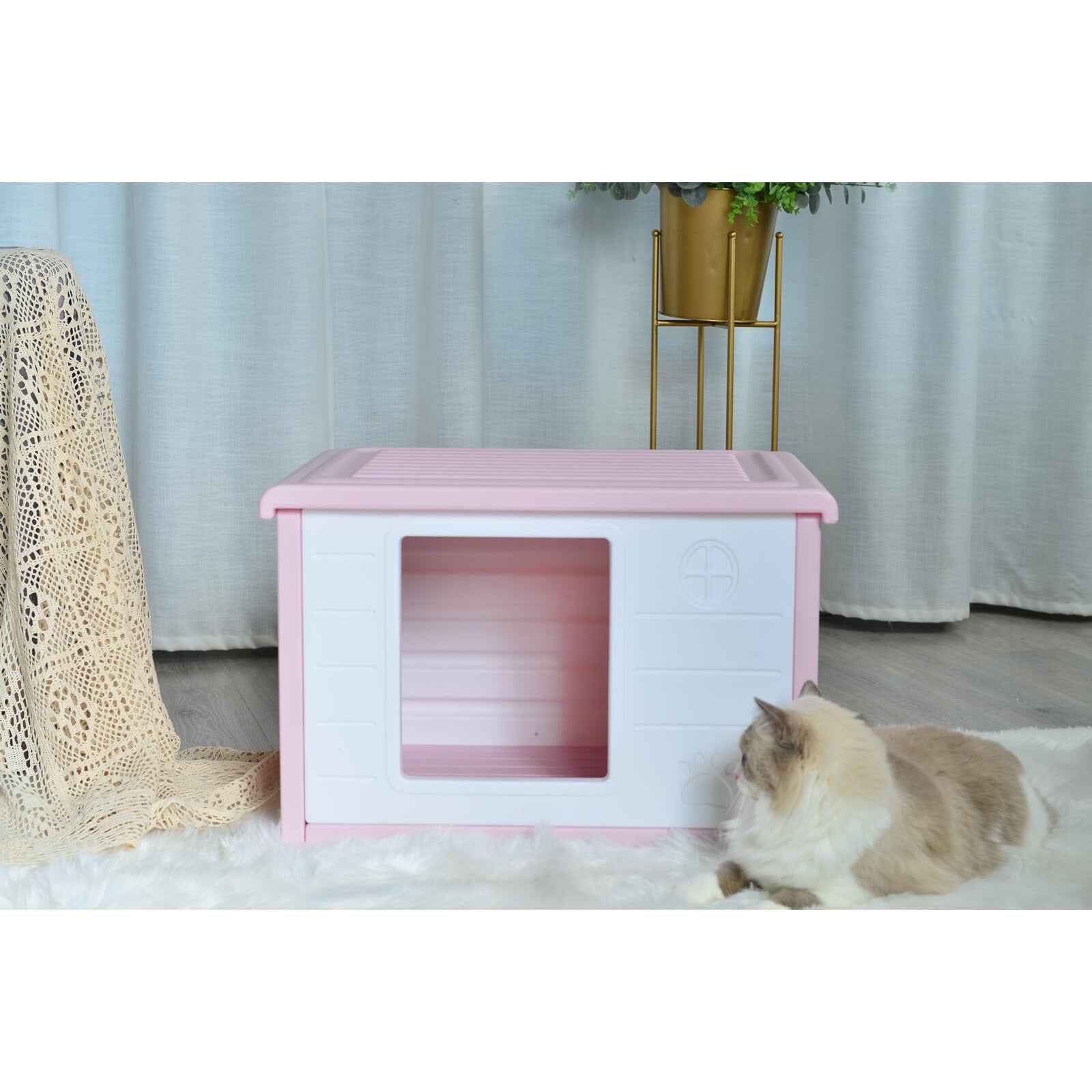 Small Plastic Pet Dog Puppy Cat House Kennel Pink