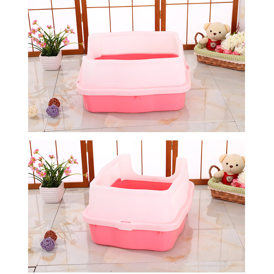 Large Deep Cat Kitty Litter Tray High Wall Pet Toilet Tray With Scoop Pink