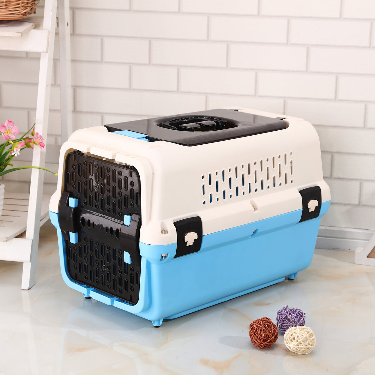 Medium Dog Cat Crate Pet Rabbit Carrier Travel Cage With Tray &amp; Window Blue