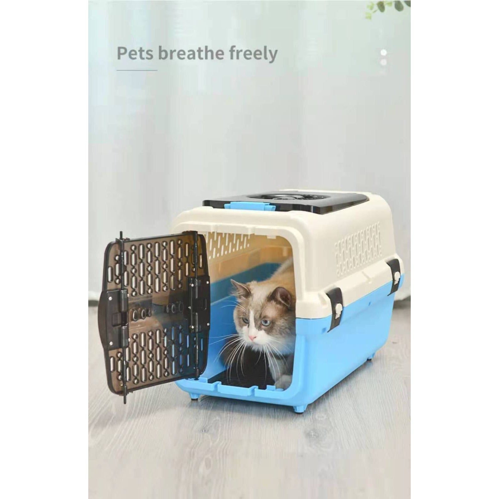 Medium Dog Cat Crate Pet Rabbit Carrier Travel Cage With Tray & Window Blue