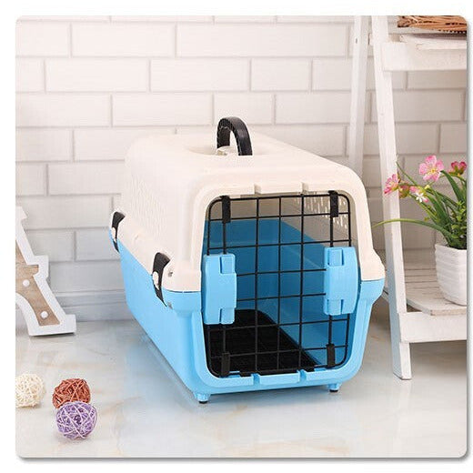 Medium Portable Plastic Dog Cat Pet Pets Carrier Travel Cage With Tray-Blue