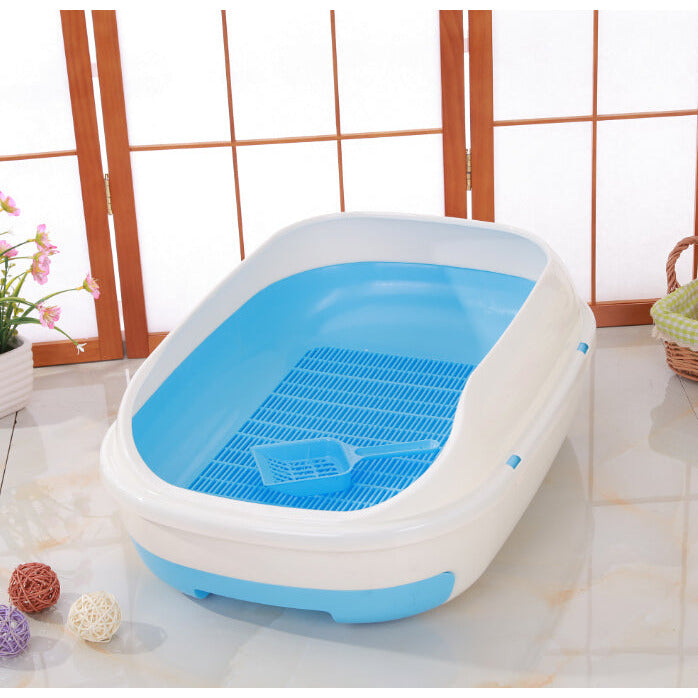 Medium Portable Cat Toilet Litter Box Tray with Scoop and Grid Tray-Blue