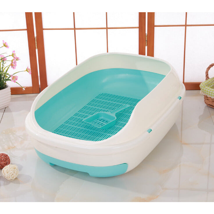 Medium Portable Cat Toilet Litter Box Tray with Scoop and Grid Tray-Blue Green