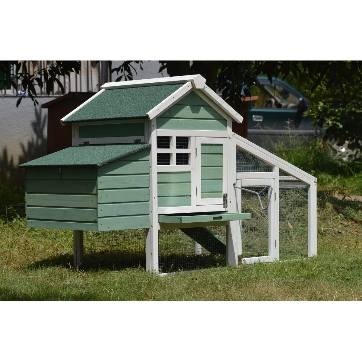 Green Small Chicken coop with nesting box for 2 Chickens / Rabbit Hutch