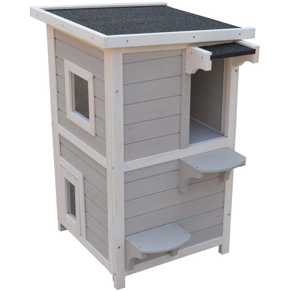 2 Story Cat Shelter Condo with Escape Door Rainproof Kitty House