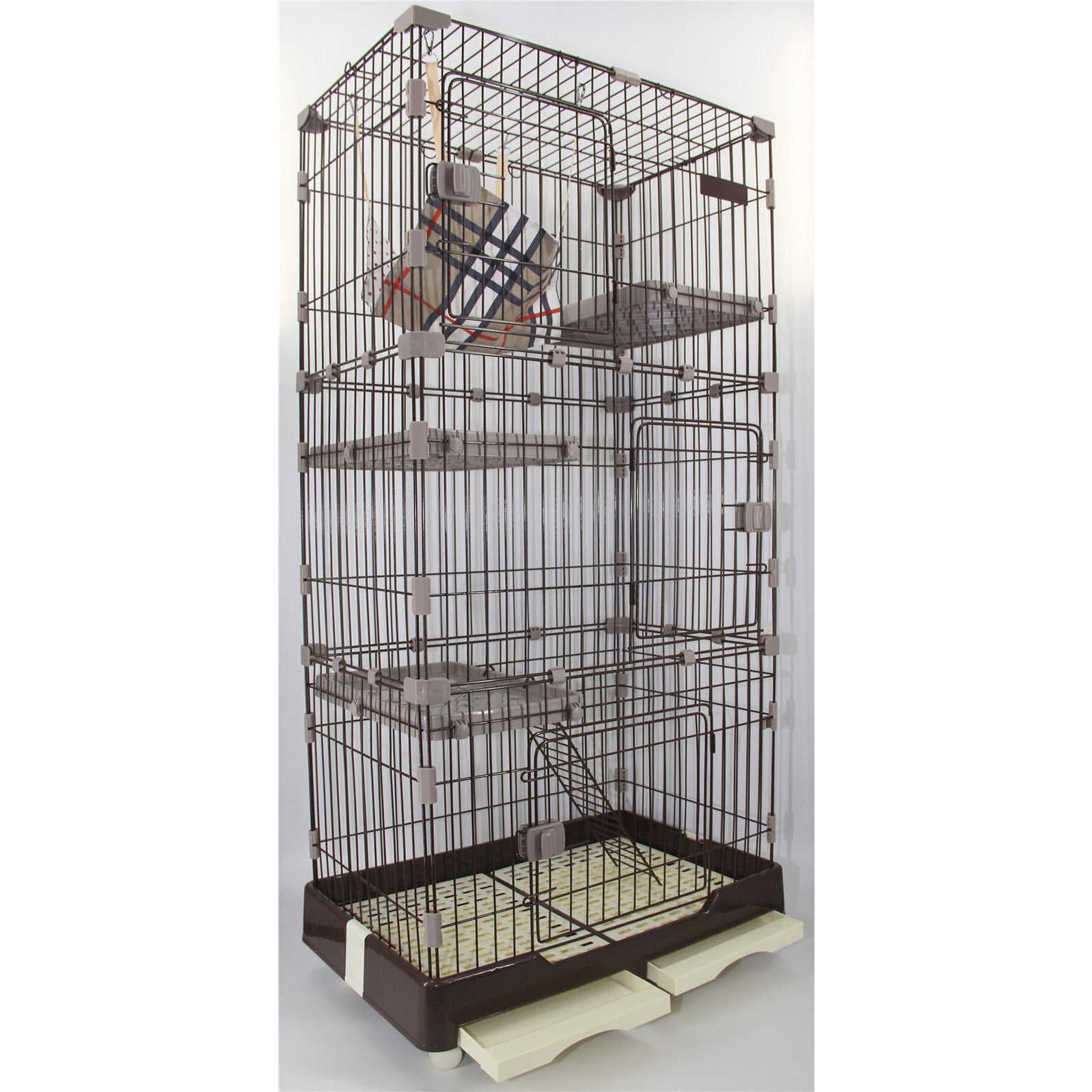 146 cm Brown Pet 4 Level Cat Cage House With Litter Tray & Wheel 72x47x146 cm