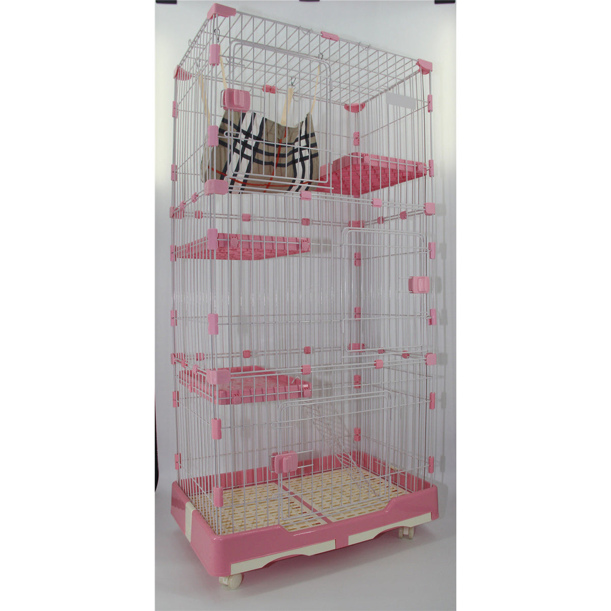 146 cm Pink Pet 4 Level Cat Cage House With Litter Tray & Wheel 72x47x146 cm