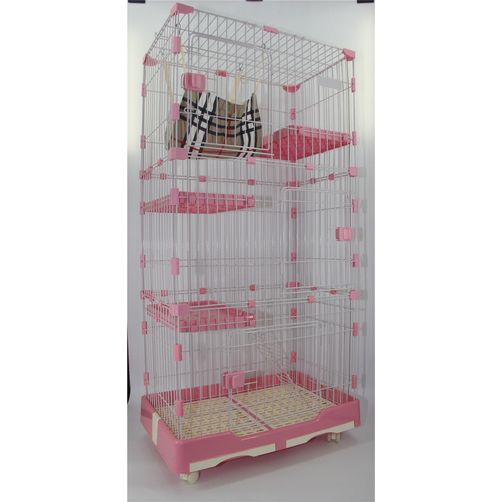 146 cm Pink Pet 4 Level Cat Cage House With Litter Tray & Wheel 72x47x146 cm