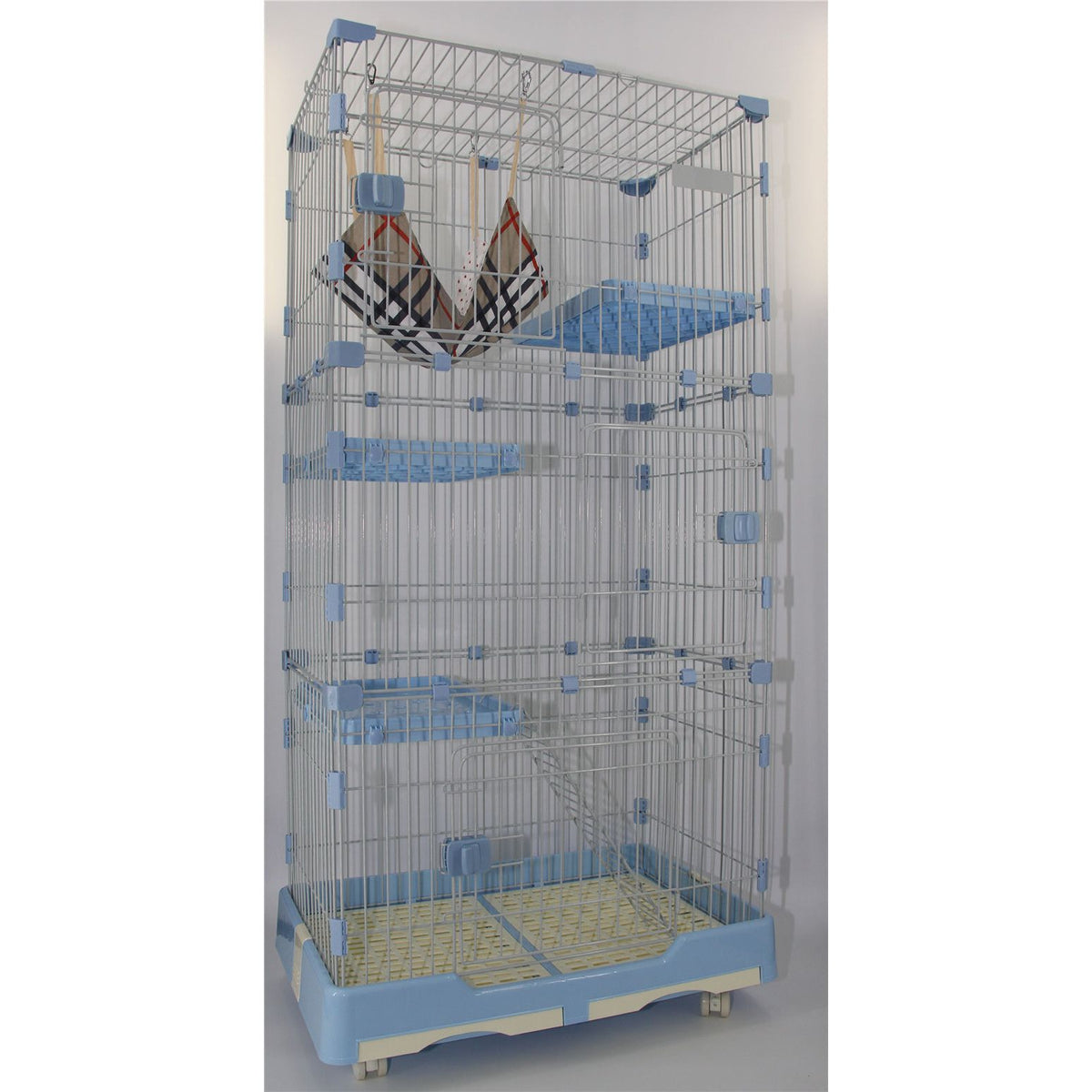 YES4PETS 179 cm Blue Pet 4 Level Cat Cage House With Litter Tray &amp; Wheel 82x57x179 CM