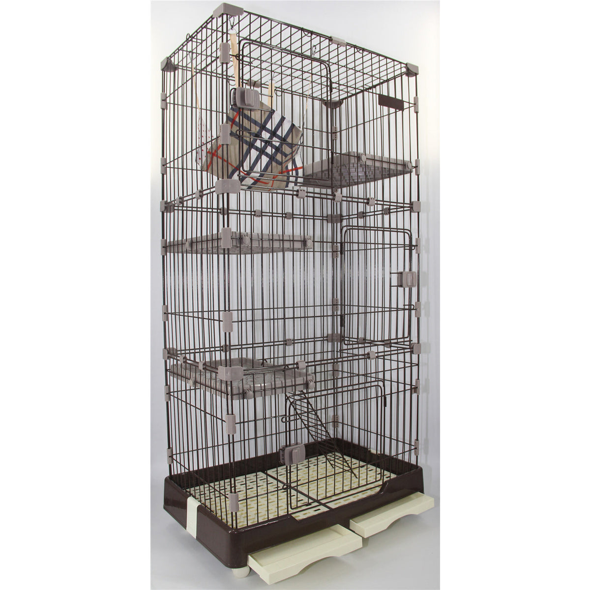 179 cm Brown Pet 4 Level Cat Cage House With Litter Tray &amp; Wheel 82x57x179 CM
