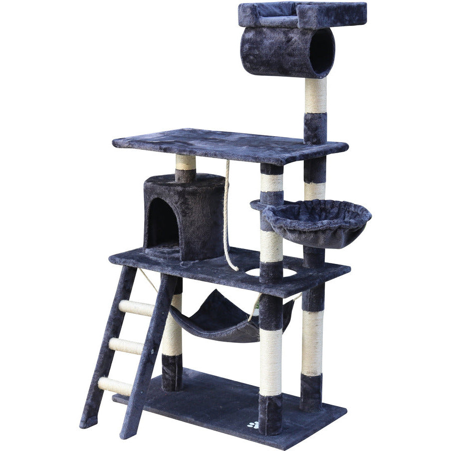 140 cm Cat Kitten Scratching Post Tree W ladder & Hammock-Grey