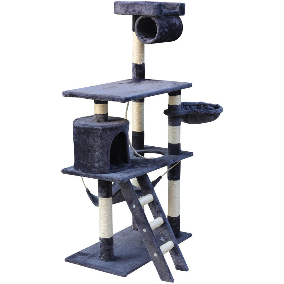 140 cm Cat Kitten Scratching Post Tree W ladder & Hammock-Grey