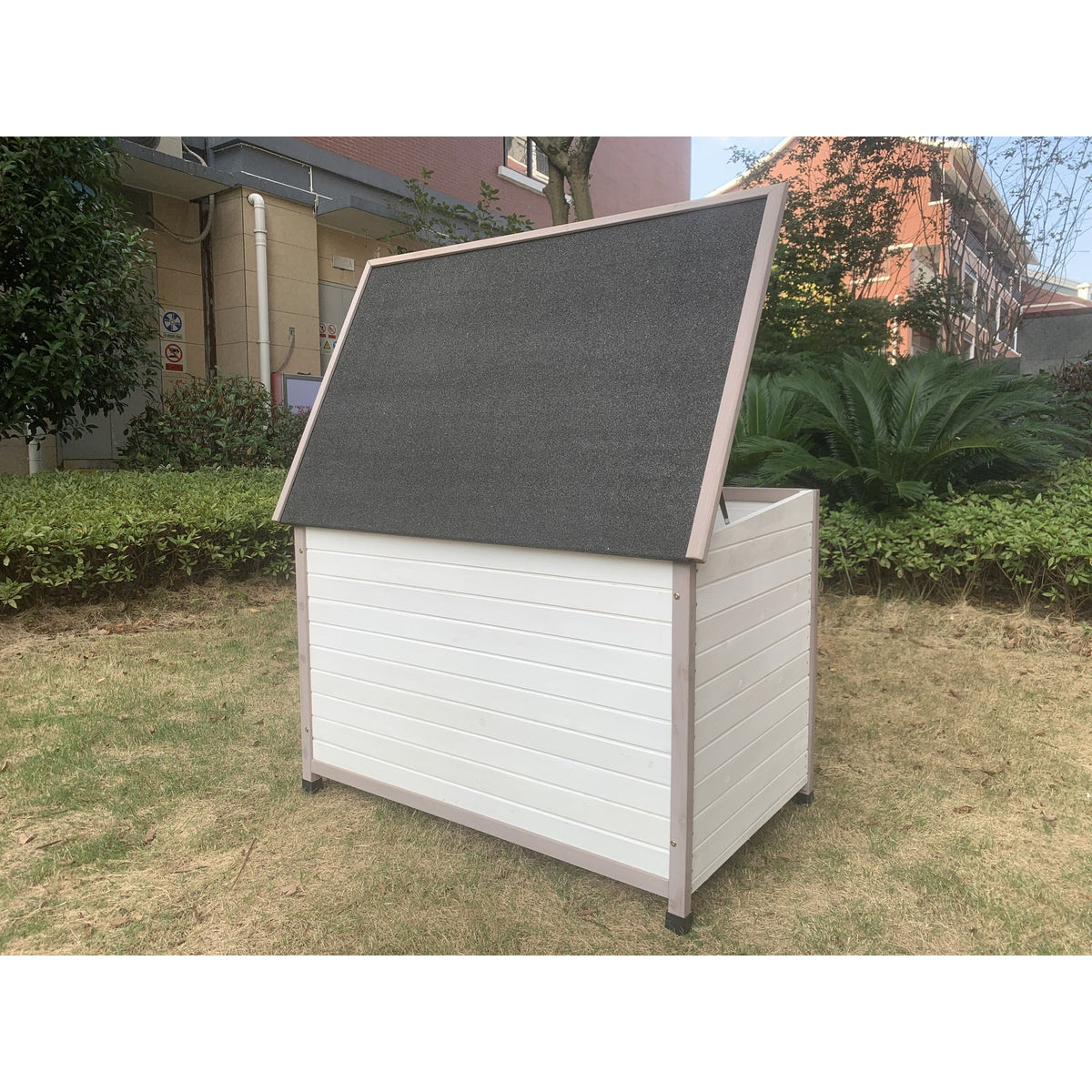 L Timber Pet Dog Kennel House Puppy Wooden Timber Cabin With Stripe White