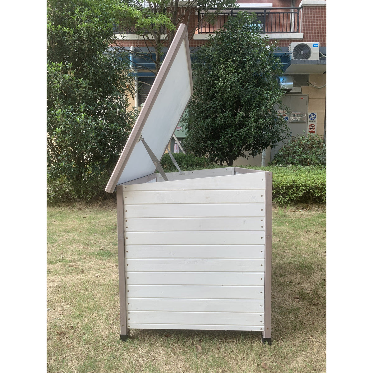 L Timber Pet Dog Kennel House Puppy Wooden Timber Cabin With Stripe White