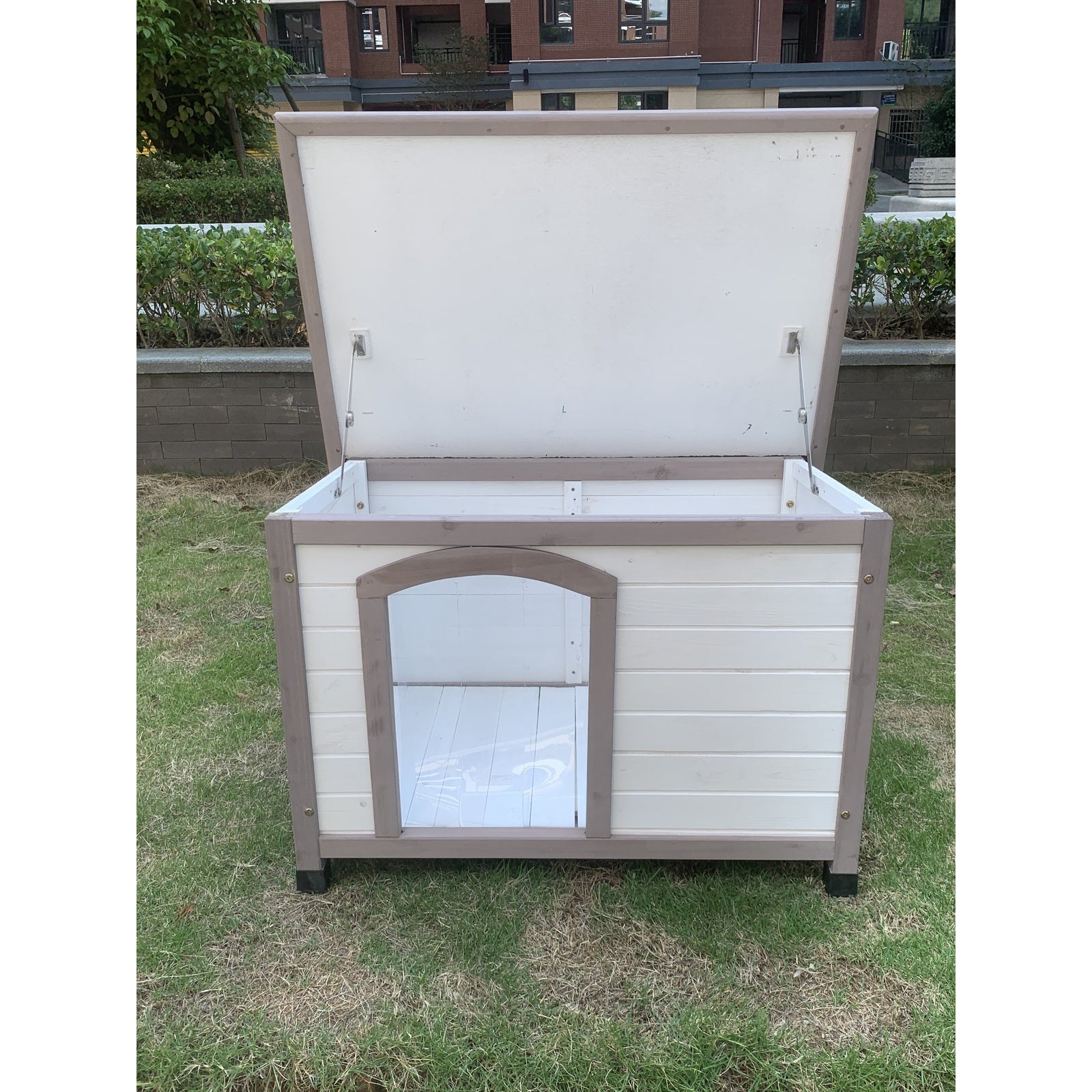 M Timber Pet Dog Kennel House Puppy Wooden Timber Cabin With Stripe White