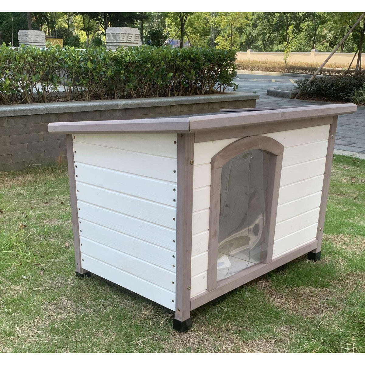 M Timber Pet Dog Kennel House Puppy Wooden Timber Cabin With Stripe White