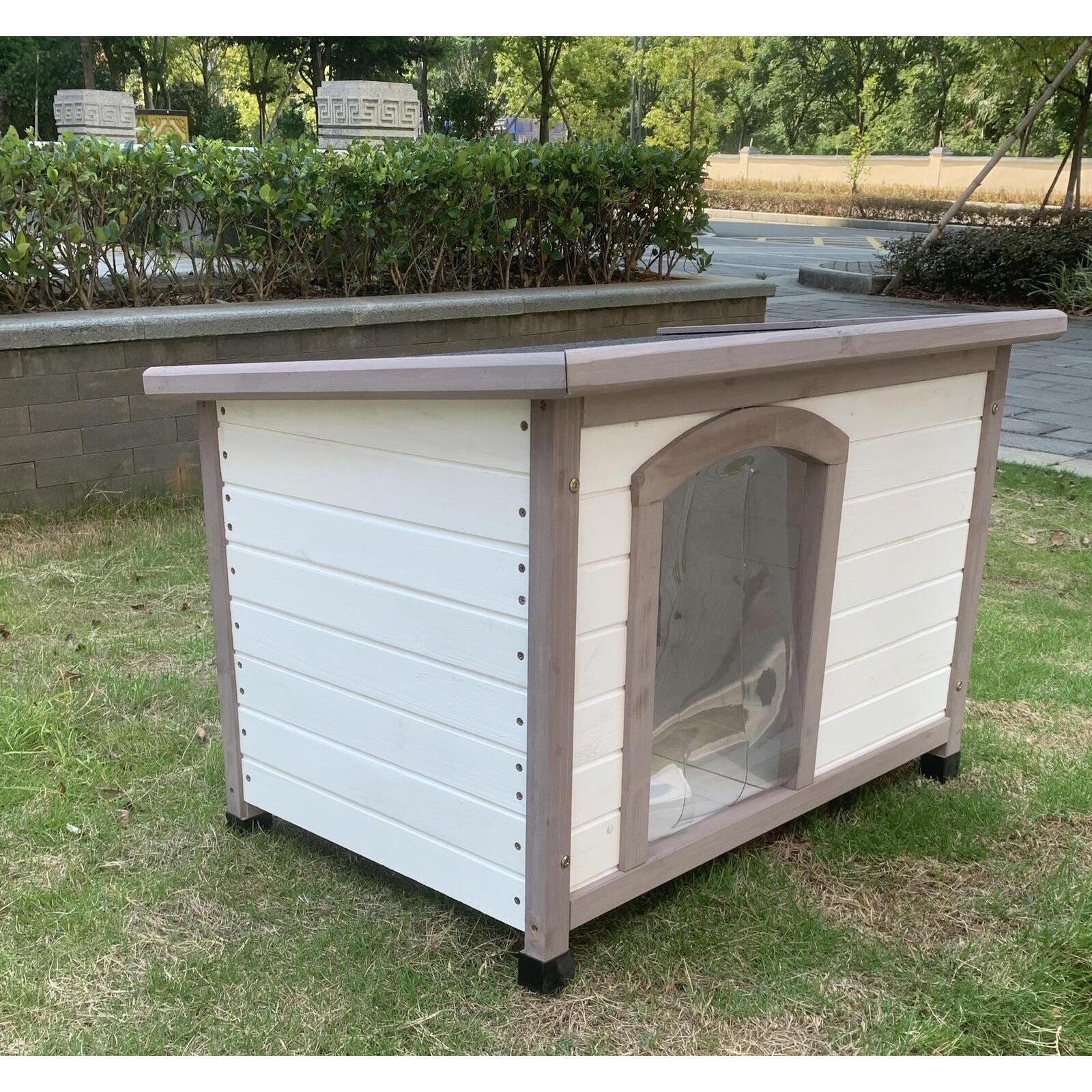 M Timber Pet Dog Kennel House Puppy Wooden Timber Cabin With Stripe White
