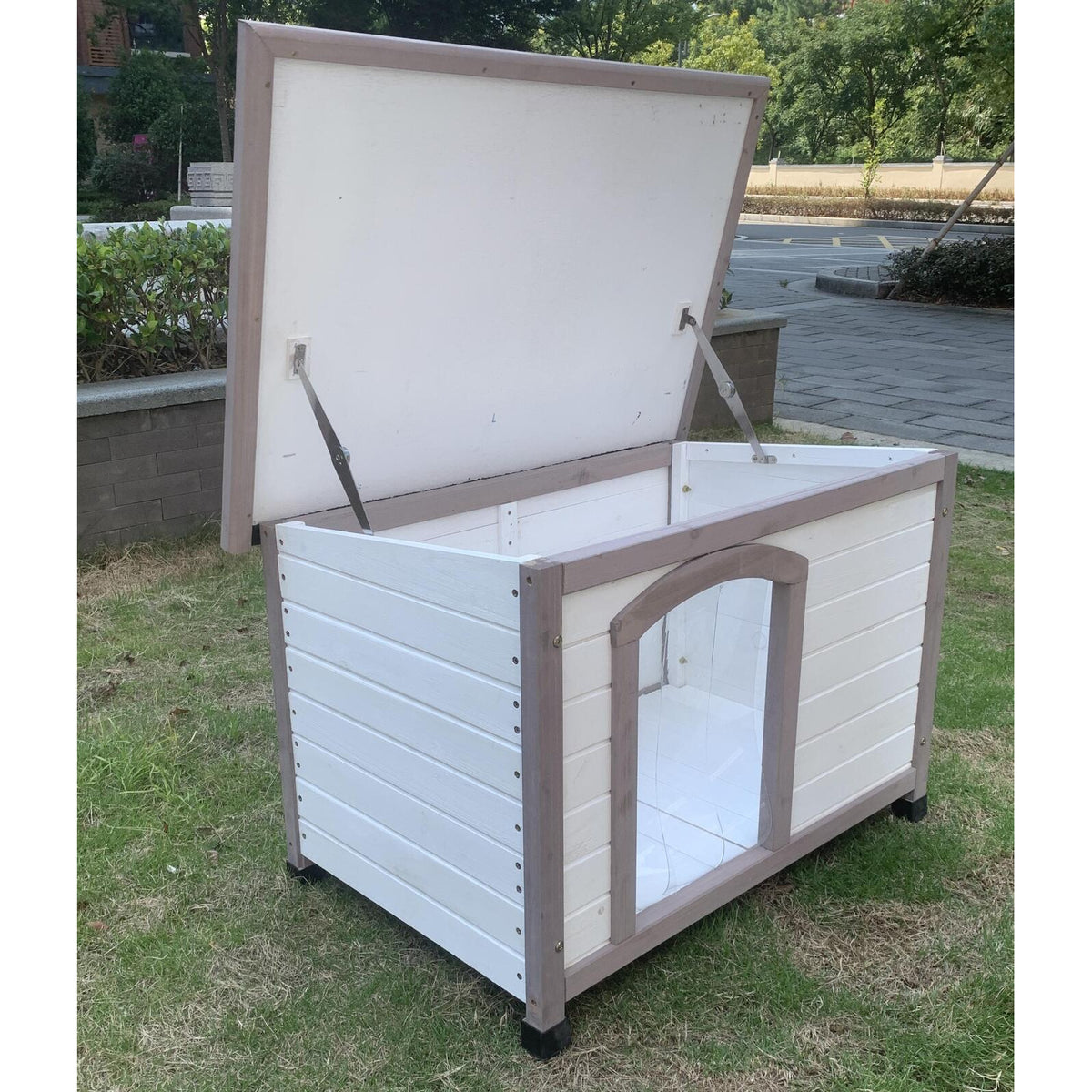 M Timber Pet Dog Kennel House Puppy Wooden Timber Cabin With Stripe White