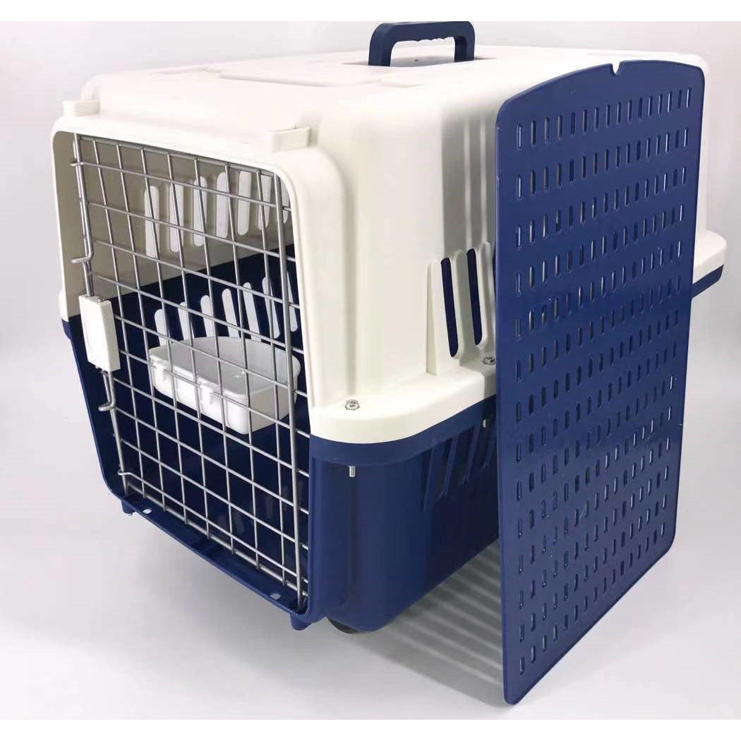 Navy XXL Dog Puppy Cat Crate Pet Carrier Cage W Tray, Bowl &amp; Removable Wheels