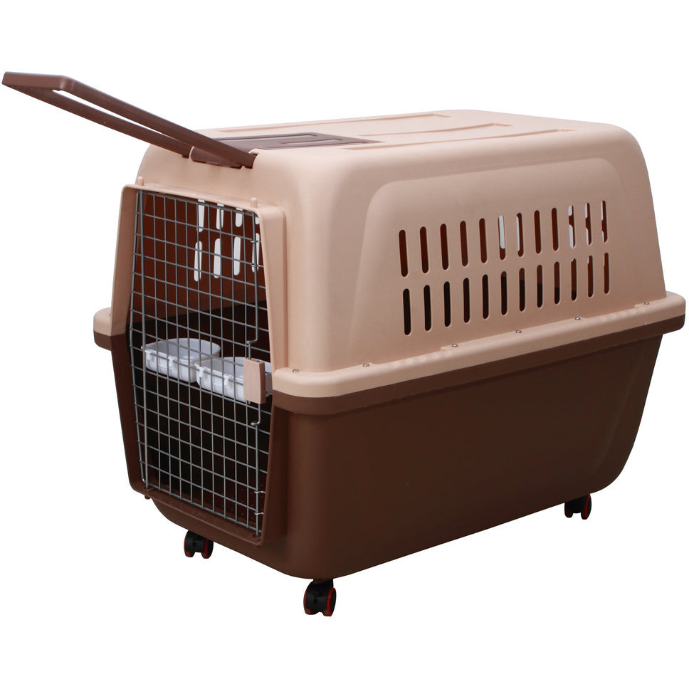 Large Plastic Kennels Pet Carrier Dog Cat Cage Crate With Handle and Wheel Brown