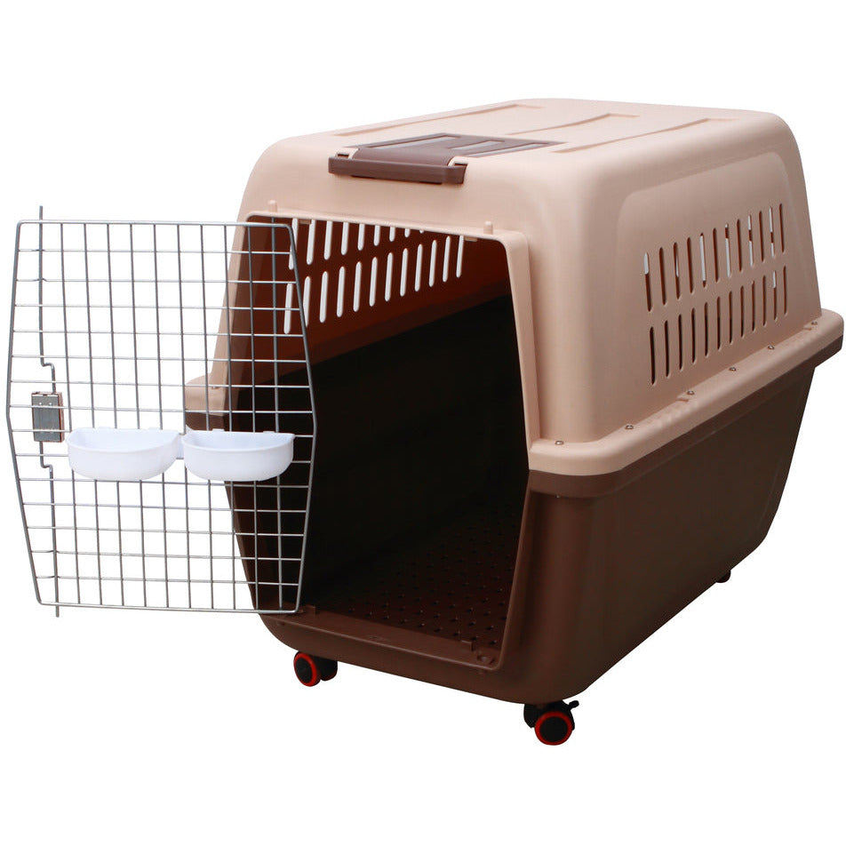 Large Plastic Kennels Pet Carrier Dog Cat Cage Crate With Handle and Wheel Brown