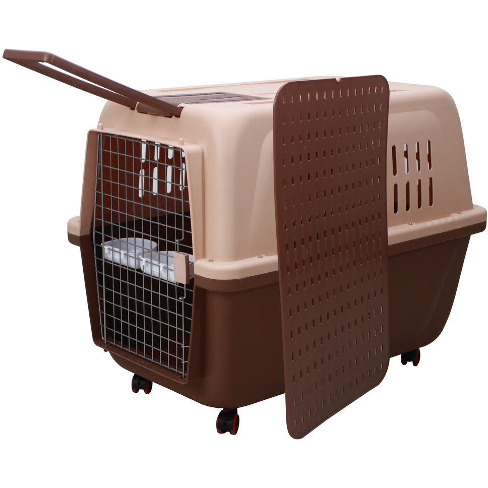 Large Plastic Kennels Pet Carrier Dog Cat Cage Crate With Handle and Wheel Brown