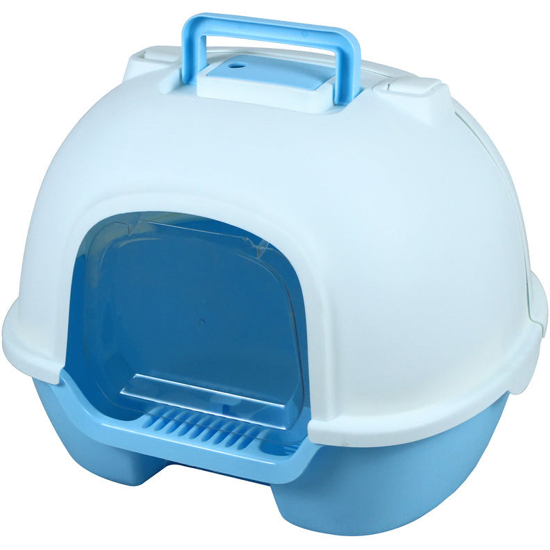 Portable Hooded Cat Toilet Litter Box Tray House with Handle and Scoop Blue