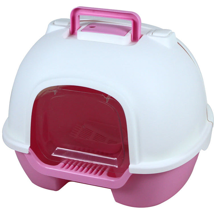 Portable Hooded Cat Toilet Litter Box Tray House with Handle, Scoop and Charcoal Filter Pink
