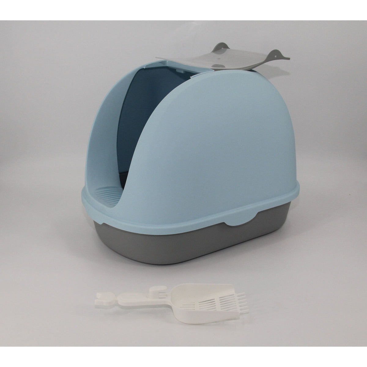 Portable Hooded Cat Toilet Litter Box Tray House with Handle and Scoop Blue