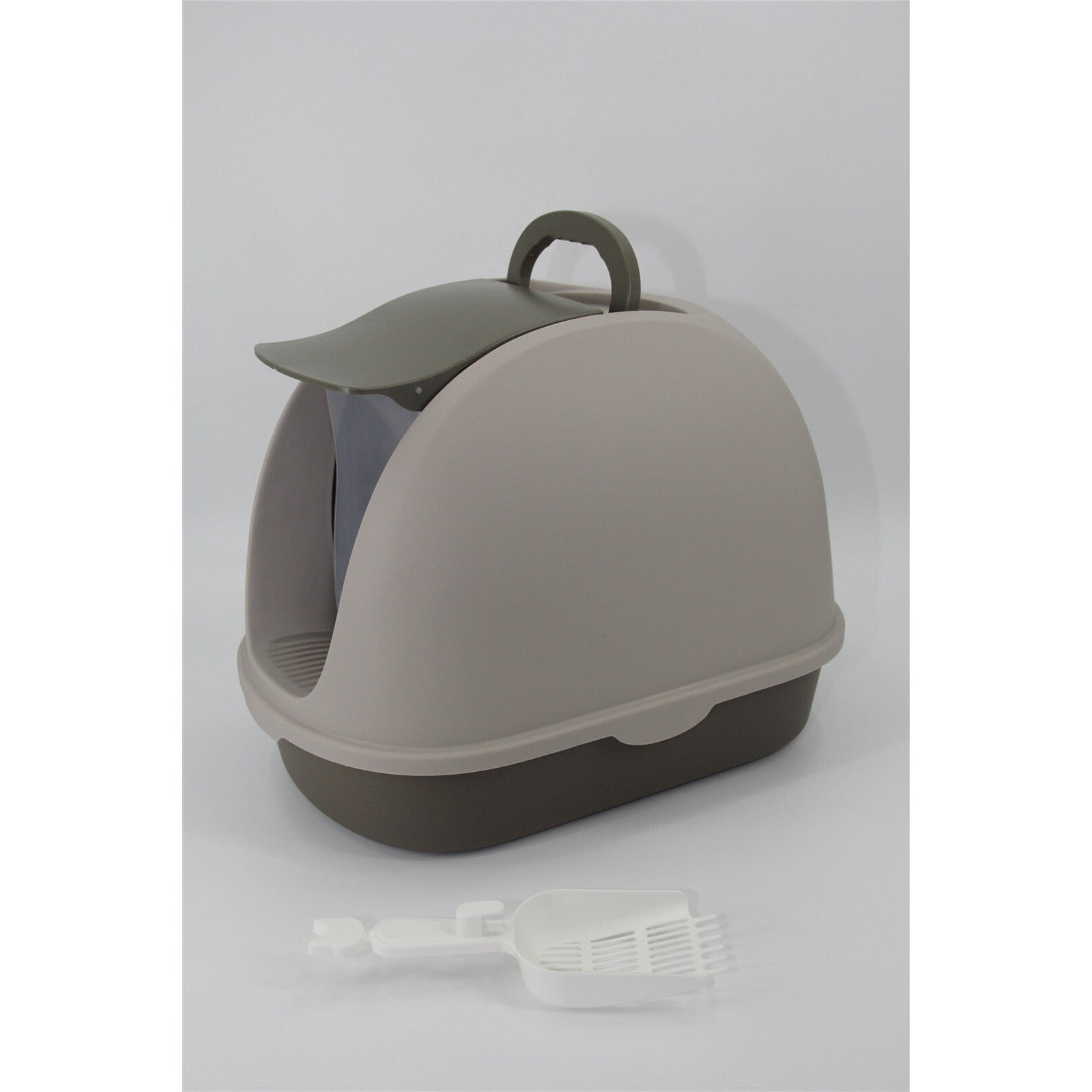 Portable Hooded Cat Toilet Litter Box Tray House with Scoop and Grid Tray Brown
