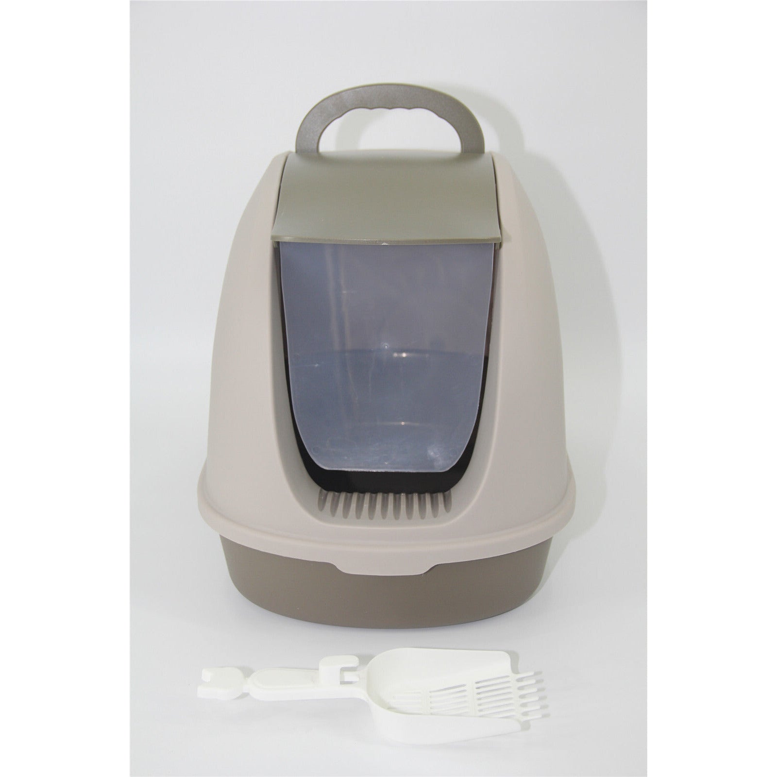 Portable Hooded Cat Toilet Litter Box Tray House with Scoop and Grid Tray Brown