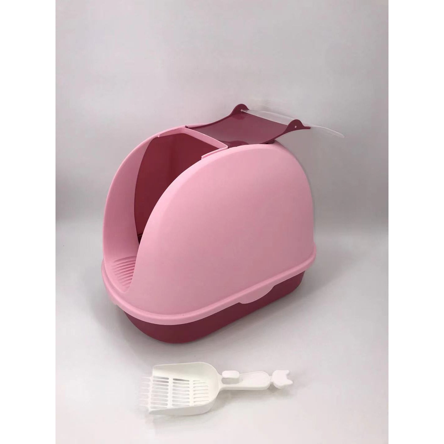 Portable Hooded Cat Toilet Litter Box Tray House with Handle and Scoop Pink