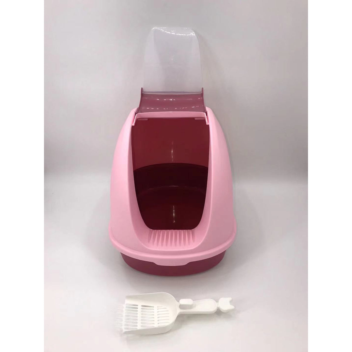 Portable Hooded Cat Toilet Litter Box Tray House with Handle and Scoop Pink