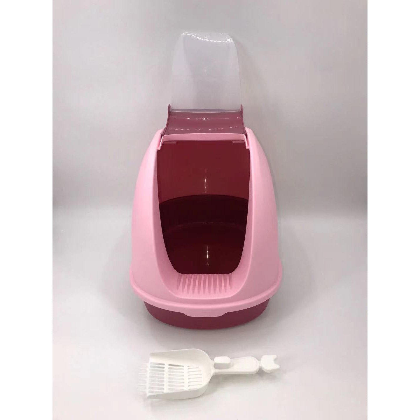 Portable Hooded Cat Toilet Litter Box Tray House with Handle and Scoop Pink
