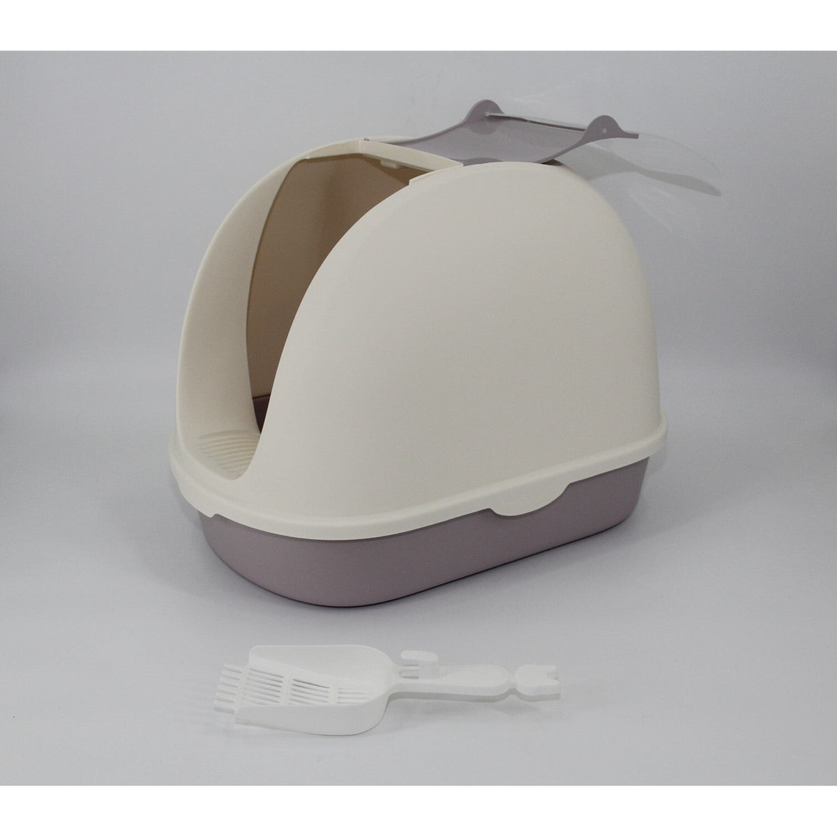 Portable Hooded Cat Toilet Litter Box Tray House with Scoop and Grid Tray White