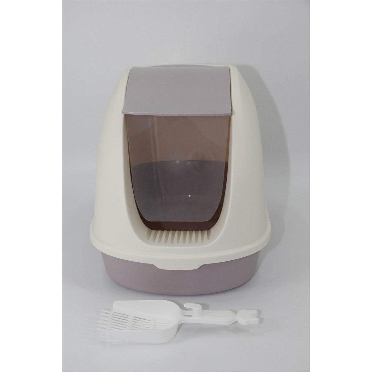 Portable Hooded Cat Toilet Litter Box Tray House with Scoop and Grid Tray White