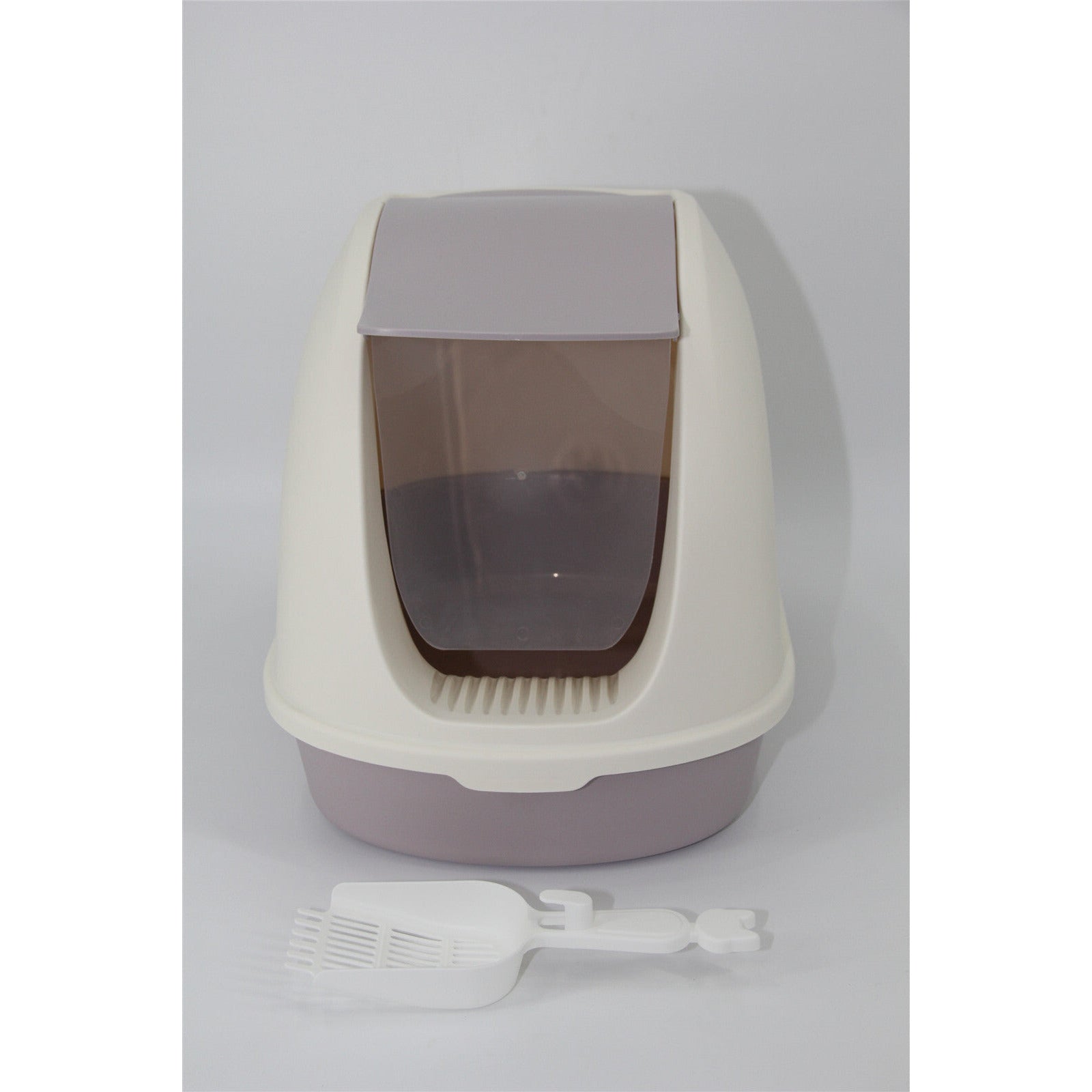 Portable Hooded Cat Toilet Litter Box Tray House with Scoop and Grid Tray White